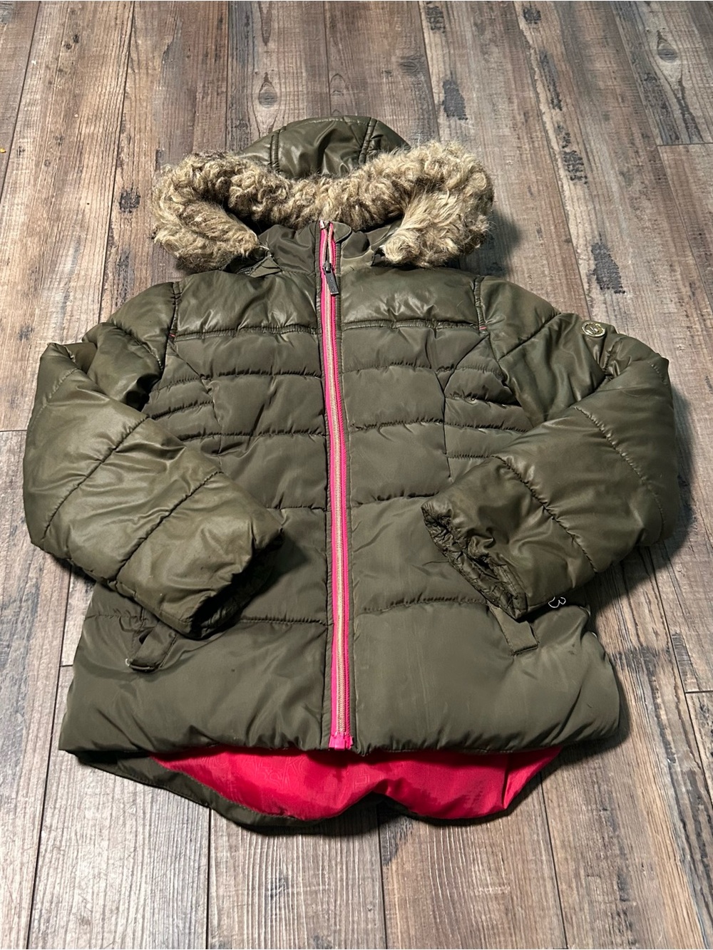 Michael Kors Girls 7/8 Puffer Jacket Olive Green Pink Liner Zipper Faux Fur Hood